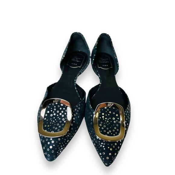 ROGER VIVIER Navy Silver Suede Buckle Sparkle Dots Accent Ballet Flats 38 US 8 - Picture 5 of 8